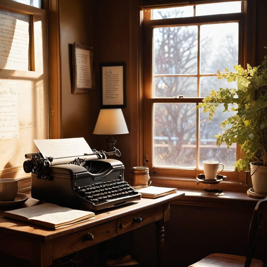 A cozy writing nook with a vintage typewriter on a wooden desk, scattered journals filled with handwritten notes, a steaming cup of coffee, and sunlight streaming through an open window illuminating the space. The walls are adorned with inspiring quotes and an artistic world map. The scene conveys a sense of comfort and creativity, inviting viewers to join the journey of writing. warm colors, soft light, cozy atmosphere.