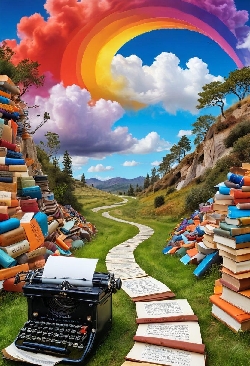 A whimsical landscape depicting a winding path through an imaginative blogosphere, with colorful character representations of Sally Anders engaging in creative writing while surrounded by books, quills, and personal reflections flowing like clouds. The backdrop includes a vibrant sky showcasing literary symbols like typewriters and ink pots. super-realistic. vibrant colors. 3D.