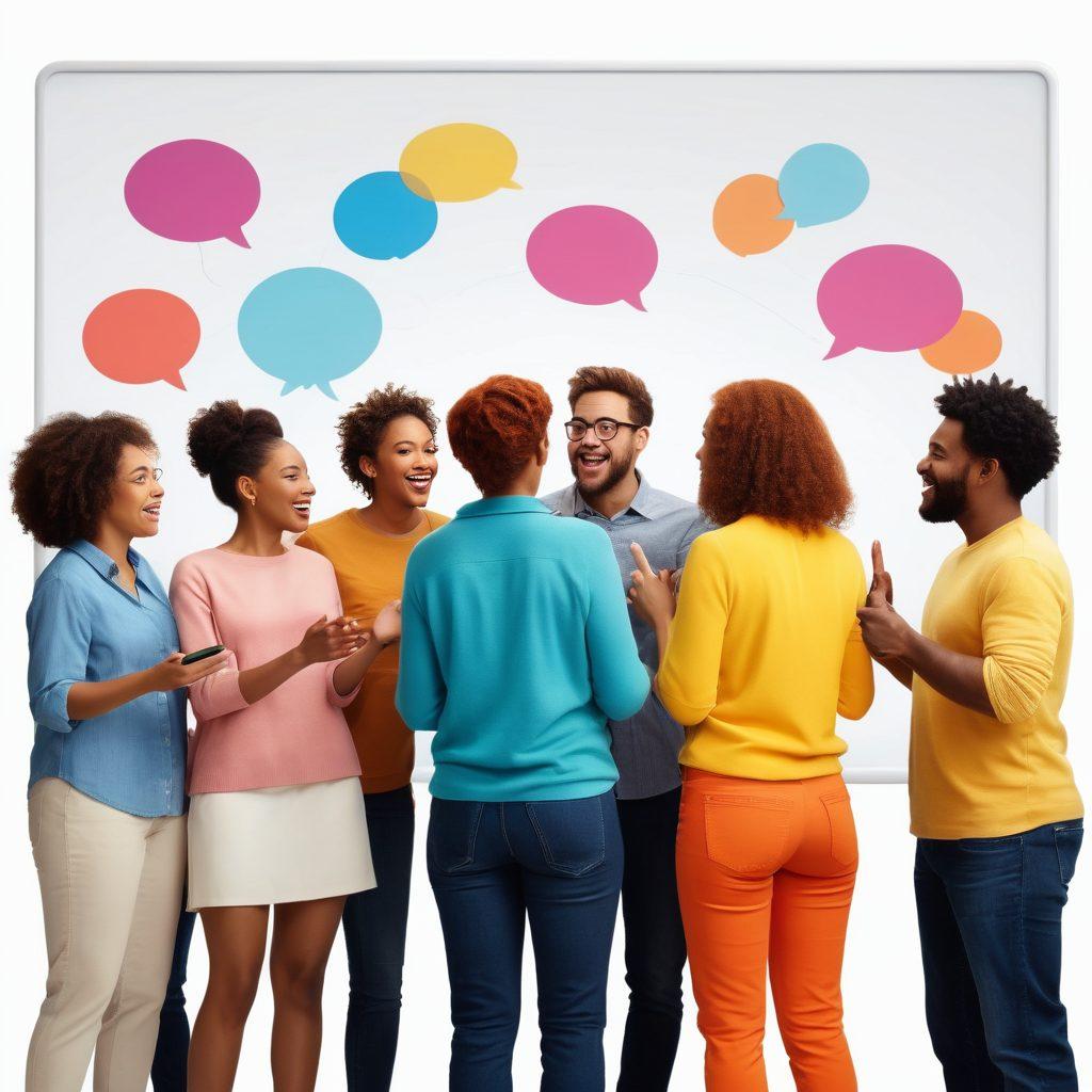 A diverse group of people gathered around a digital screen, engaging in storytelling through animated graphics and vibrant visuals. Include elements that represent community, such as speech bubbles and emotional expressions, showcasing inclusive interactions. The setting should be bright and inviting, reflecting a warm digital atmosphere. super-realistic. vibrant colors. white background.
